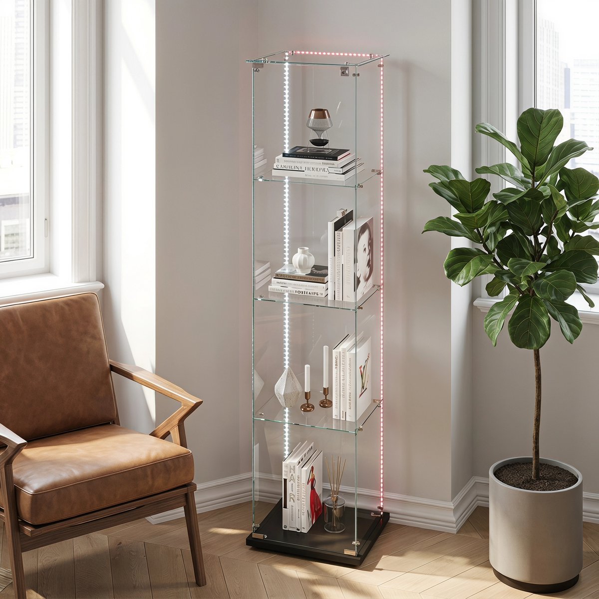 Glazen Vitrinekast, 4-Laags Verticaal Opbergmeubel, voor Verzamelingen, Boeken, Wijn, Kantoor, woonkamer, keuken, met lichtstrip, 163x39,8x35cm (Zwart)