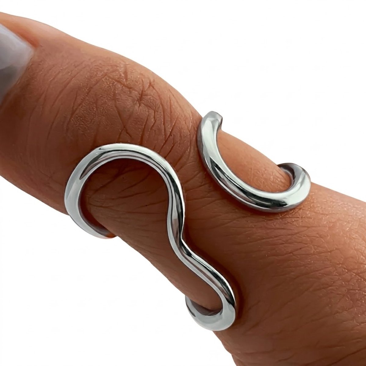 Zilverkleurige statement ring dames verstelbare open ring asymmetrisch golvend design abstracte organische vorm uitgeholde vingerring minimalistische mode ring voor dagelijks gebruik