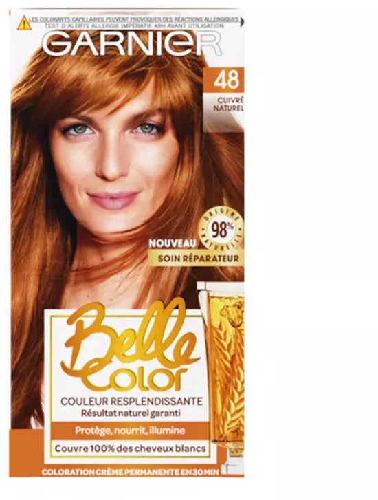 Garnier Belle Color 48 Natuurlijk Koper. Vrouwenhoofd met bruin haar, met 98% natuurlijke ingrediënten.