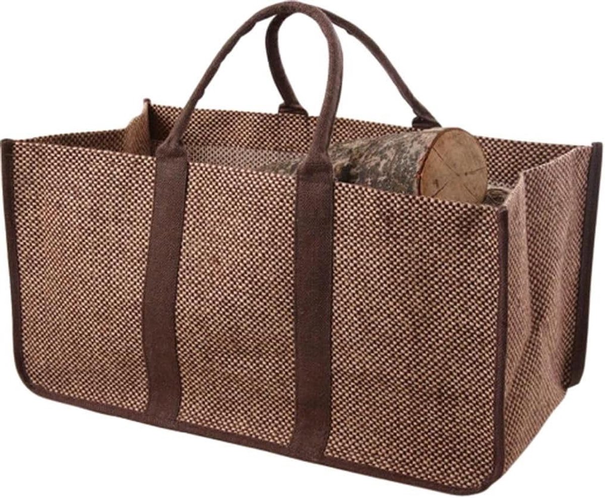 Houten zak - Jute tas - Haardhout opslag - Gelamineerd robuust - 65 x 33 x 33 cm - Bruin geruit