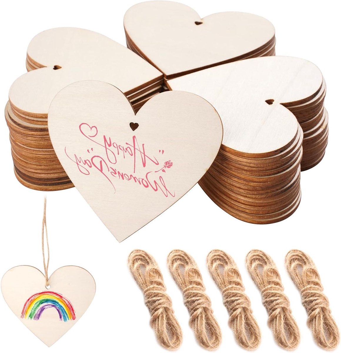 Houten Hartjes Set - Decoratie Harten - Ambachtelijk Knutselen - Met Jute Touw - 50 Stuks - Natuurlijk Hout