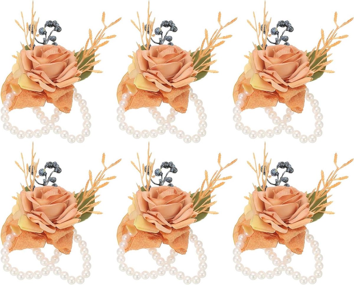 Pols Corsage Set - Kunstbloemen Armbanden - Feestelijke Decoratie - Verstelbaar Lint - 6 Stuks - Lichtbruin