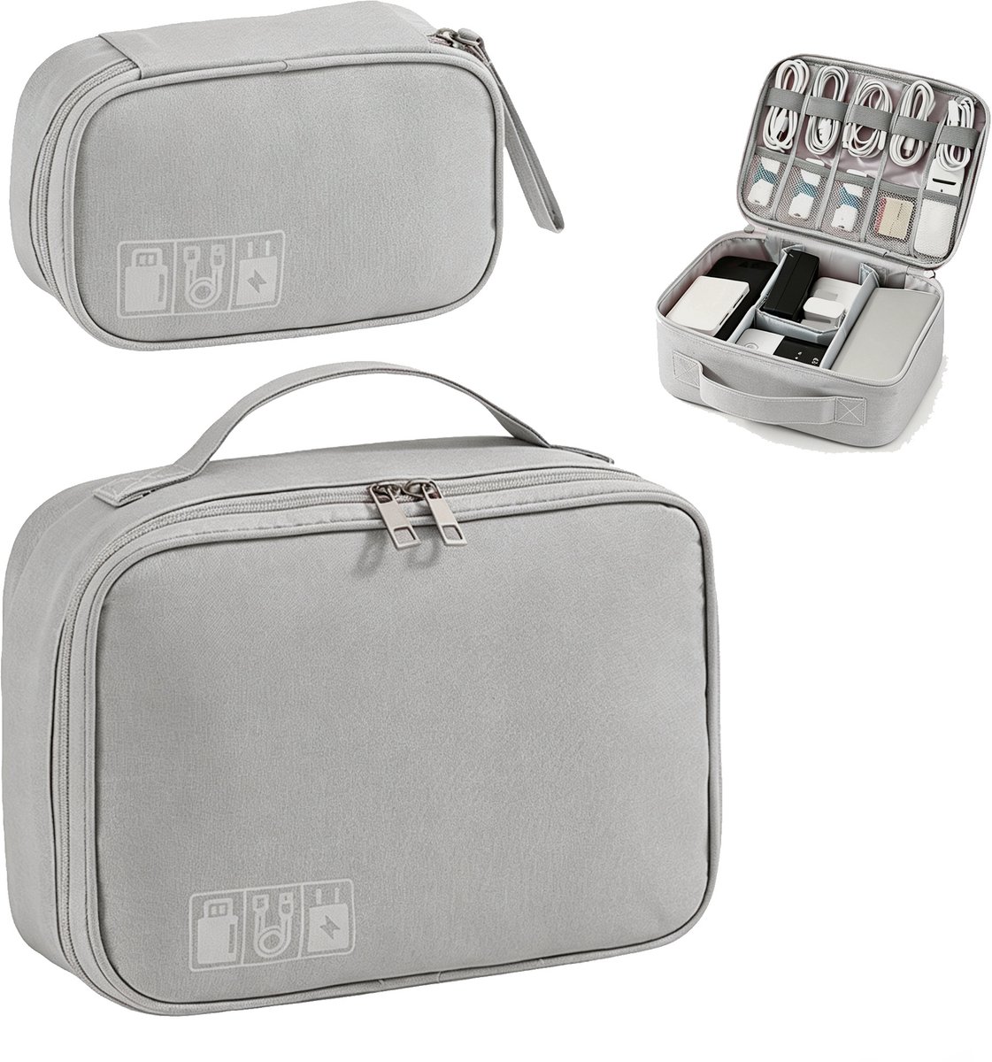 2 Delige Elektronica Organizer Set – Grote en Kleine Kabel Organizer Tas – Reis Opbergtas voor Opladers, Kabels, Powerbanks, USB Accessoires en Elektronische Apparaten – Grijs