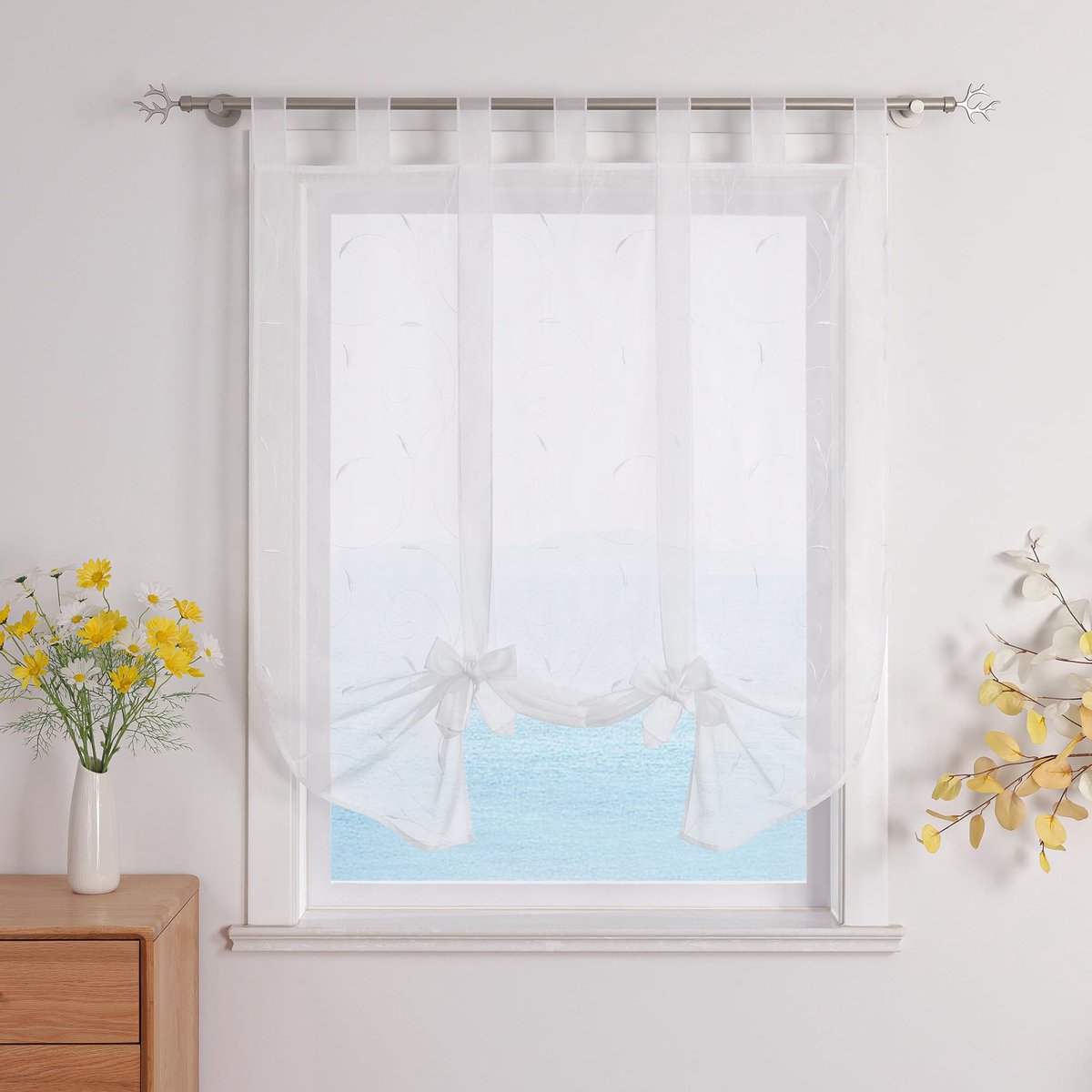 Gordijn met lussen Romeinse gordijnen keuken bindgordijn transparant lusrolgordijn gordijnen met borduurwerk modern voile wit BxH 80x140cm 1 stuk