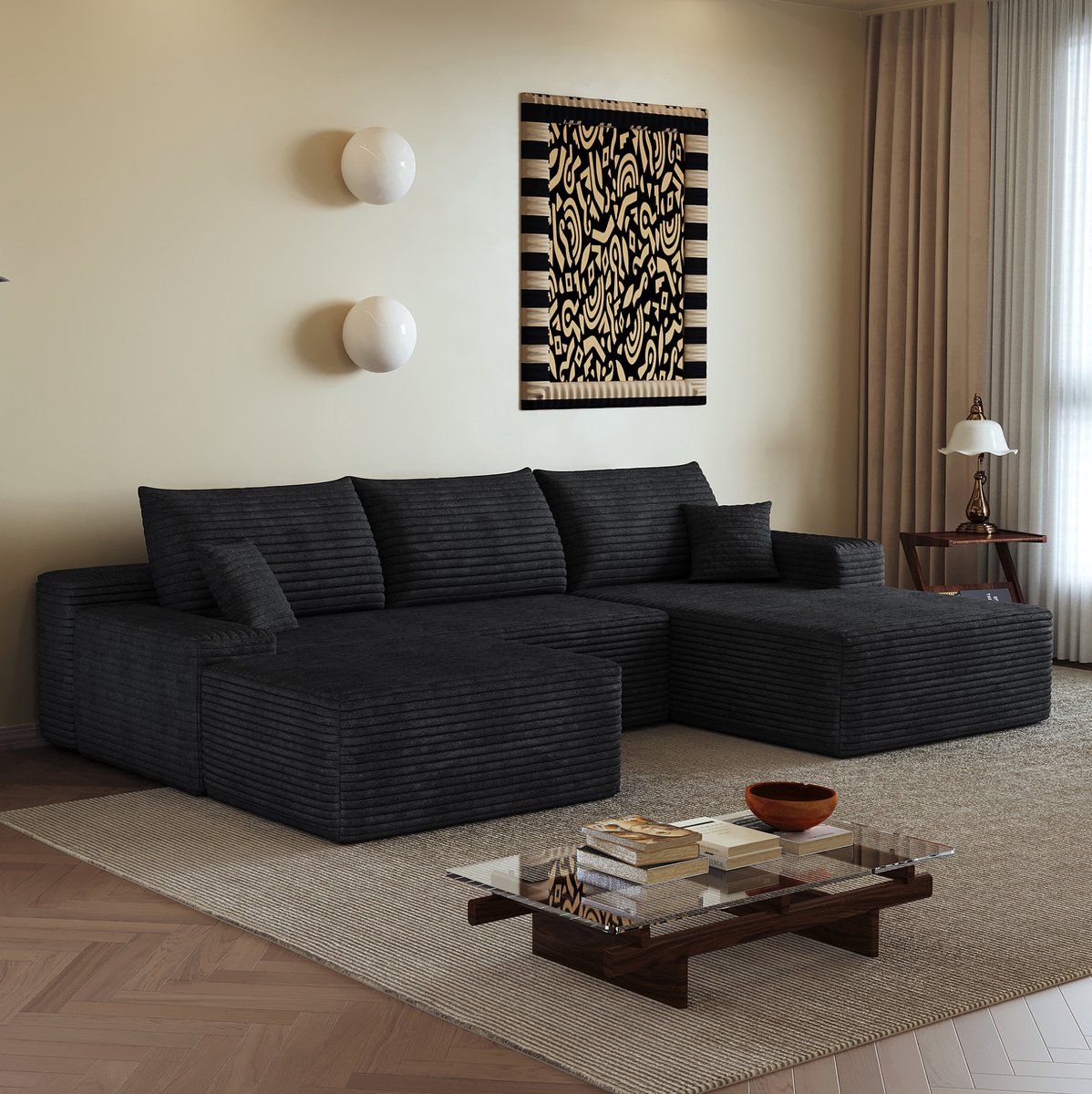 FloraGrace Hoekbank - 270 Cm 4-Zits Modulaire Bank Met L-Vormige Chaiselongue - Diepe Zit En Zonder Montage - Corduroy - Zwart