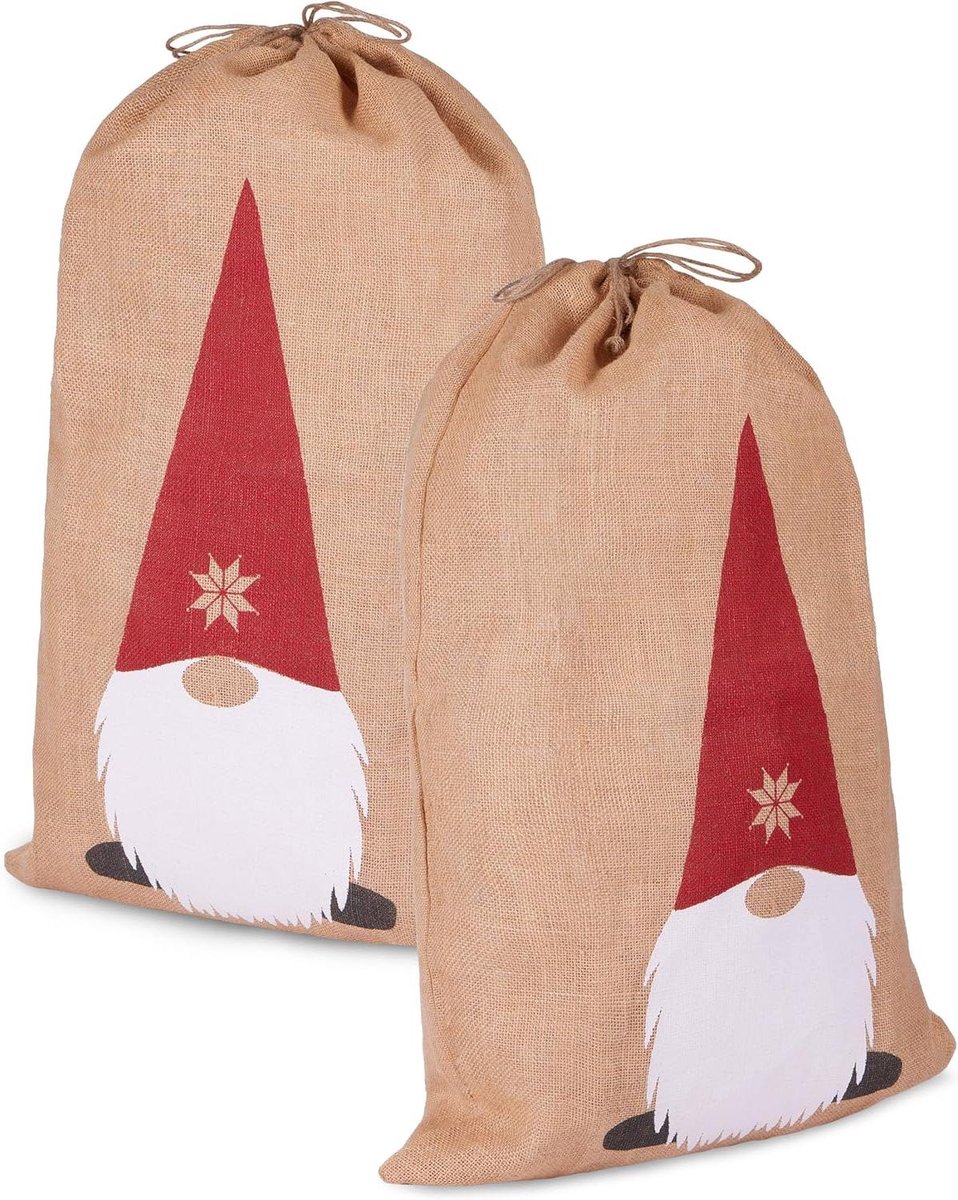 Kerstmis Tas - Cadeauzak Jute - Geschenken Inpakken - Met Koord - 80 cm - Kabouter Motief