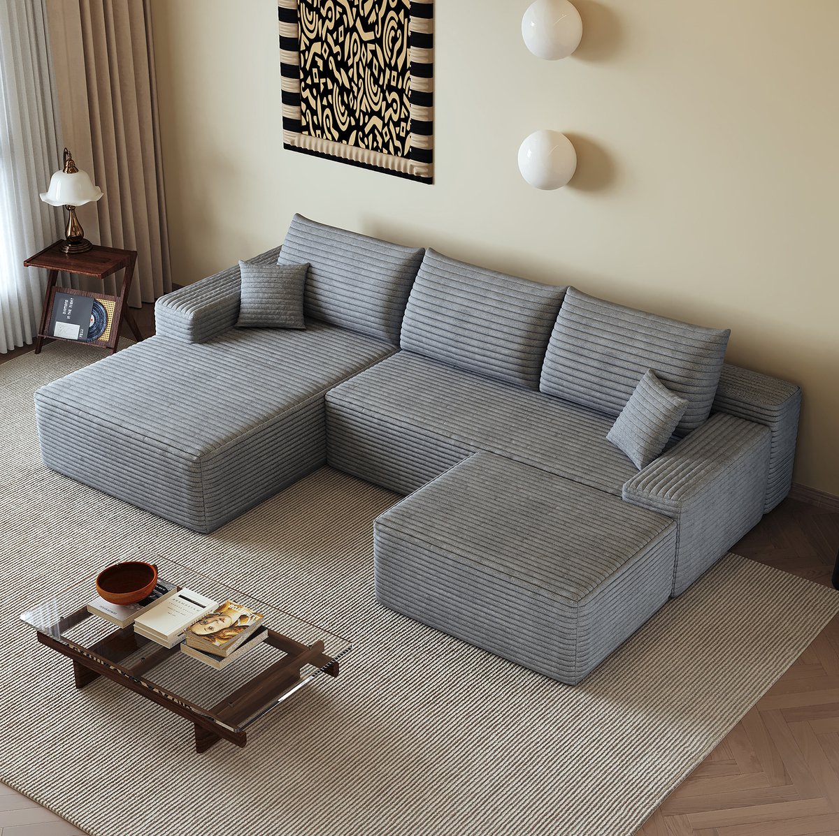FloraGrace Hoekbank 270 Cm - 4-Zits Modulaire Bank Met L-Vormige Chaiselongue En Diepe Zit - Zonder Montage - Ribfluweel - Grijs