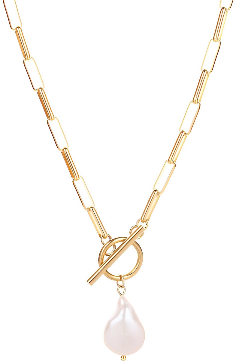 Parelketting barok zoetwaterparels zilver met hanger lange papierclip ketting roestvrij staal voor vrouwen, 46 cm, Roestvrij staal, Parel