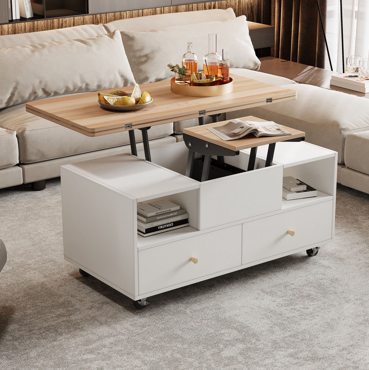 HAUSS SPOLE Salontafel - Hoogteverstelbaar Met Klapfunctie En 4 Lades - Voor Woonkamer En Klein Wonen - MDF - 100x50x47,5 Cm - Houtkleur Wit