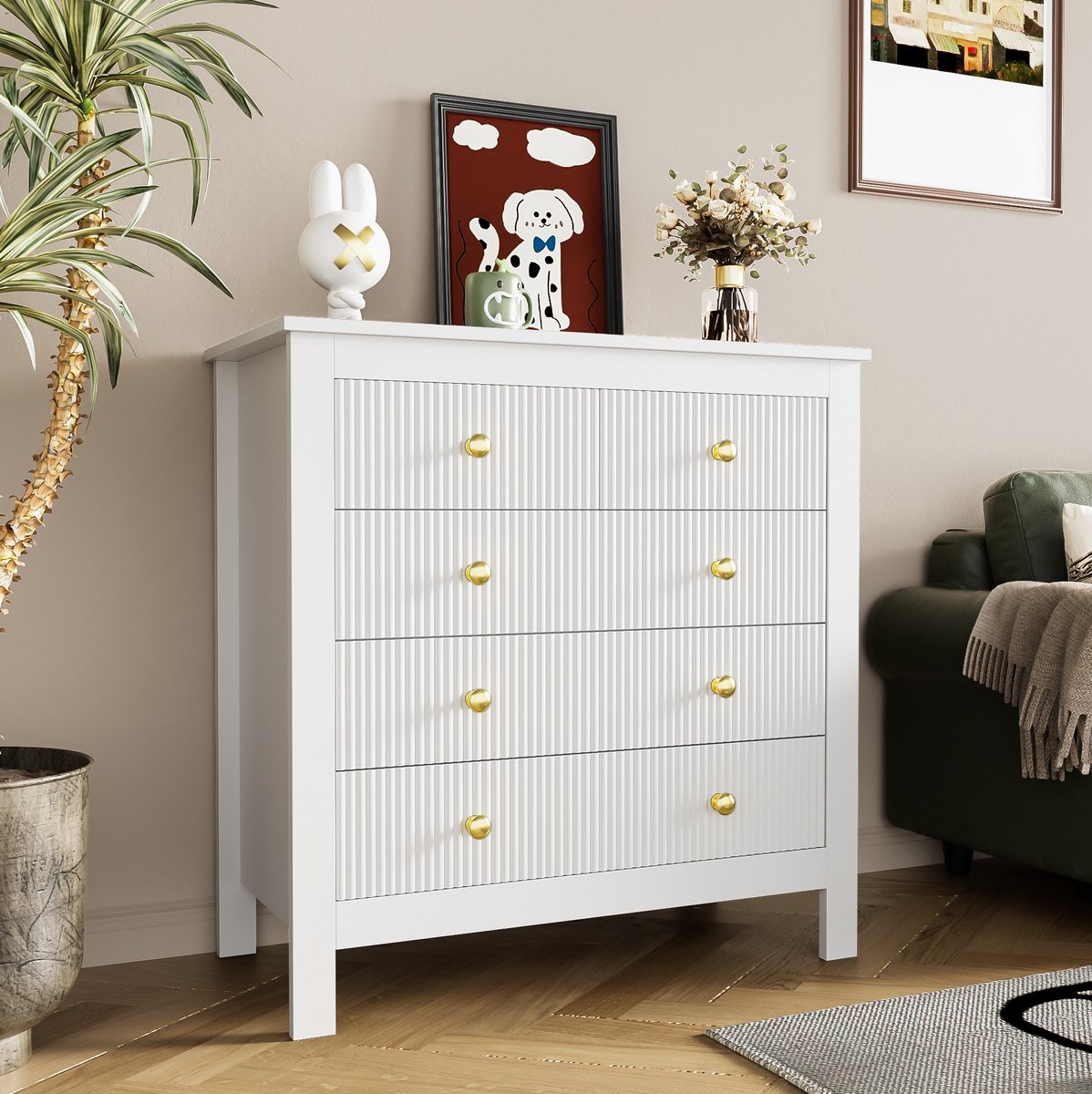 HAUSS SPOLE Dressoir - Vijf Laden Met Goudkleurige Grepen - Voor Slaapkamer Woonkamer En Hal - Spaanplaat - 79x39,5x80,5 Cm - Wit