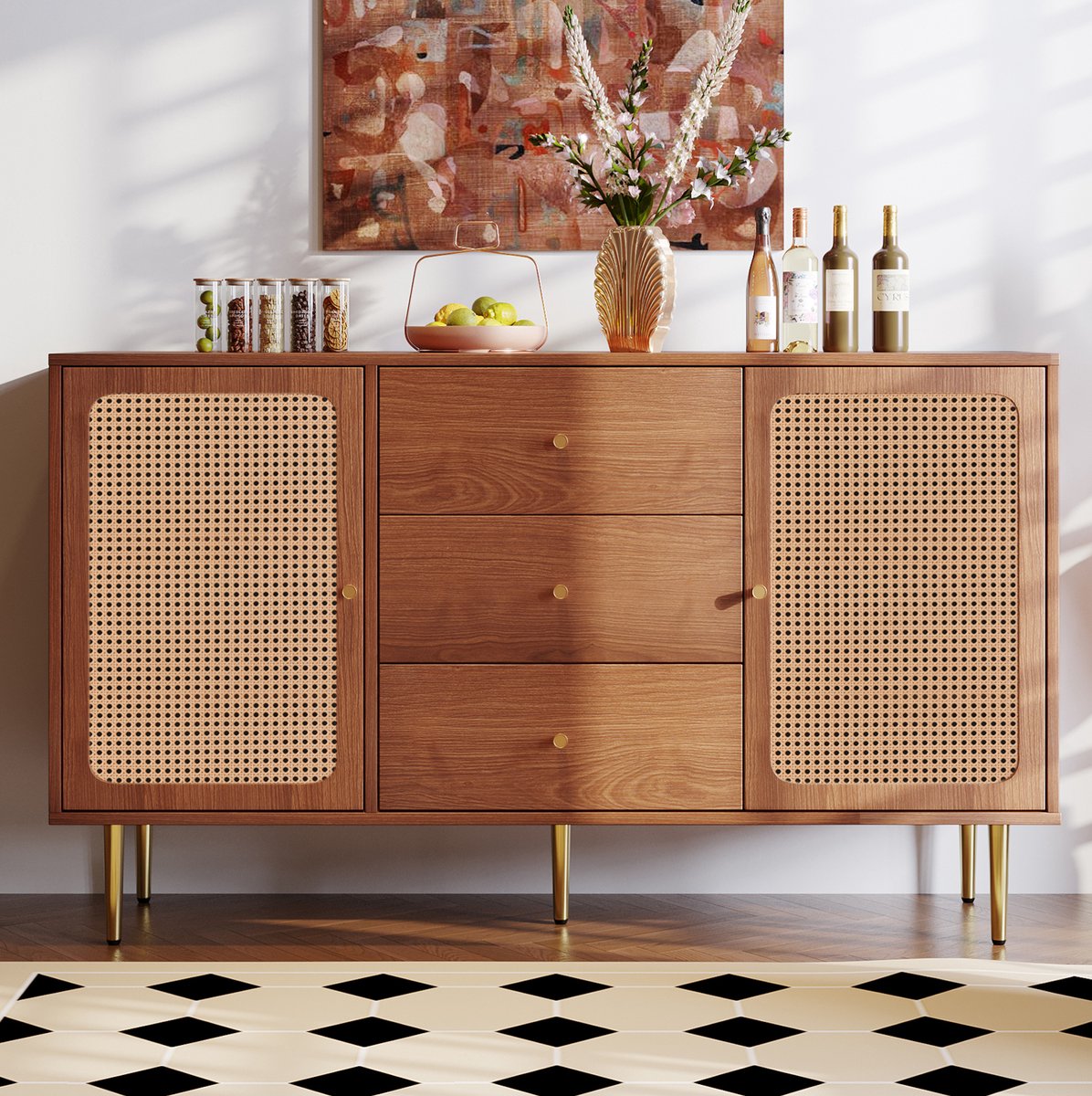 HAUSS SPOLE Dressoir - Met 2 Deuren, 3 Laden En Verstelbare Plank - Voor Woonkamer, Slaapkamer En Hal - Hout En Metaal - 150x40x90 Cm - Walnoot