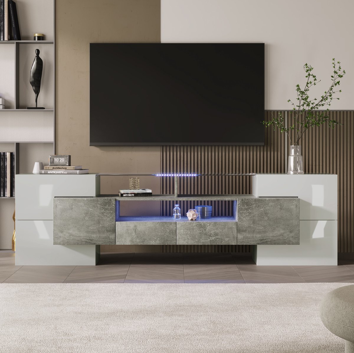 HAUSS SPOLE Tv-Meubel - Hoogglans Wit Met Ledverlichting En Opbergruimte - Voor Woonkamer - MDF En Spaanplaat - 200x35x60 Cm - Wit Grijs