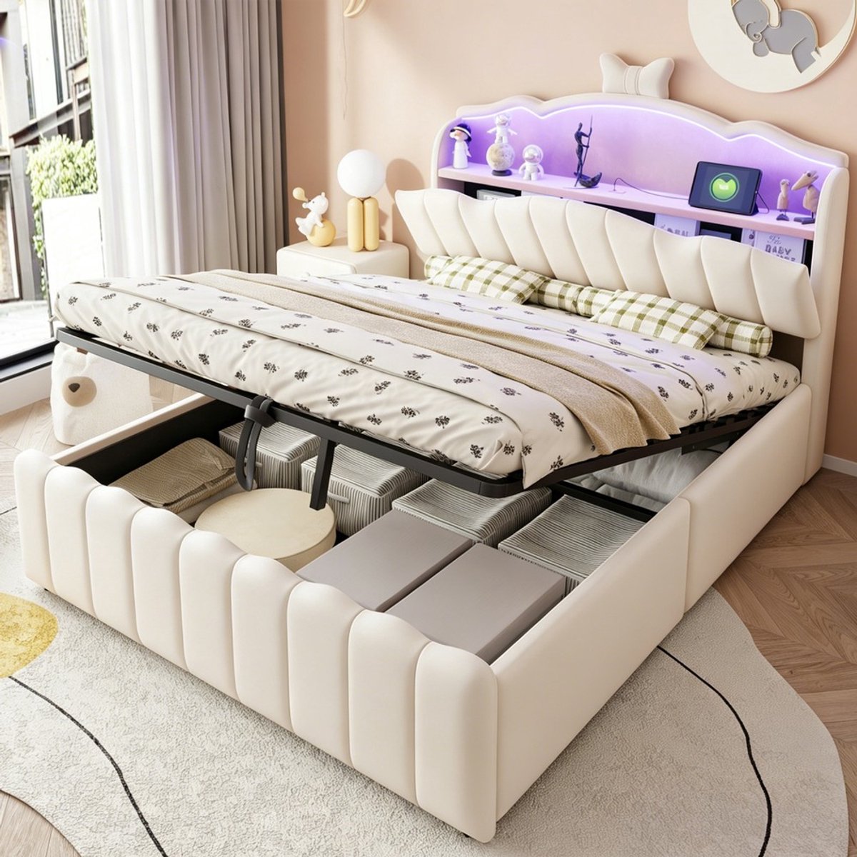 KOMHTOM Gestoffeerd Kinderbed - 140x200 cm - Fluweel Beige - LED Verlichting Hoofdbord - Hydraulische Opbergruimte - USB en USB-C Oplaadaansluitingen - Opklapbaar Hoofdeinde - Tweepersoonsbed voor Kinderen