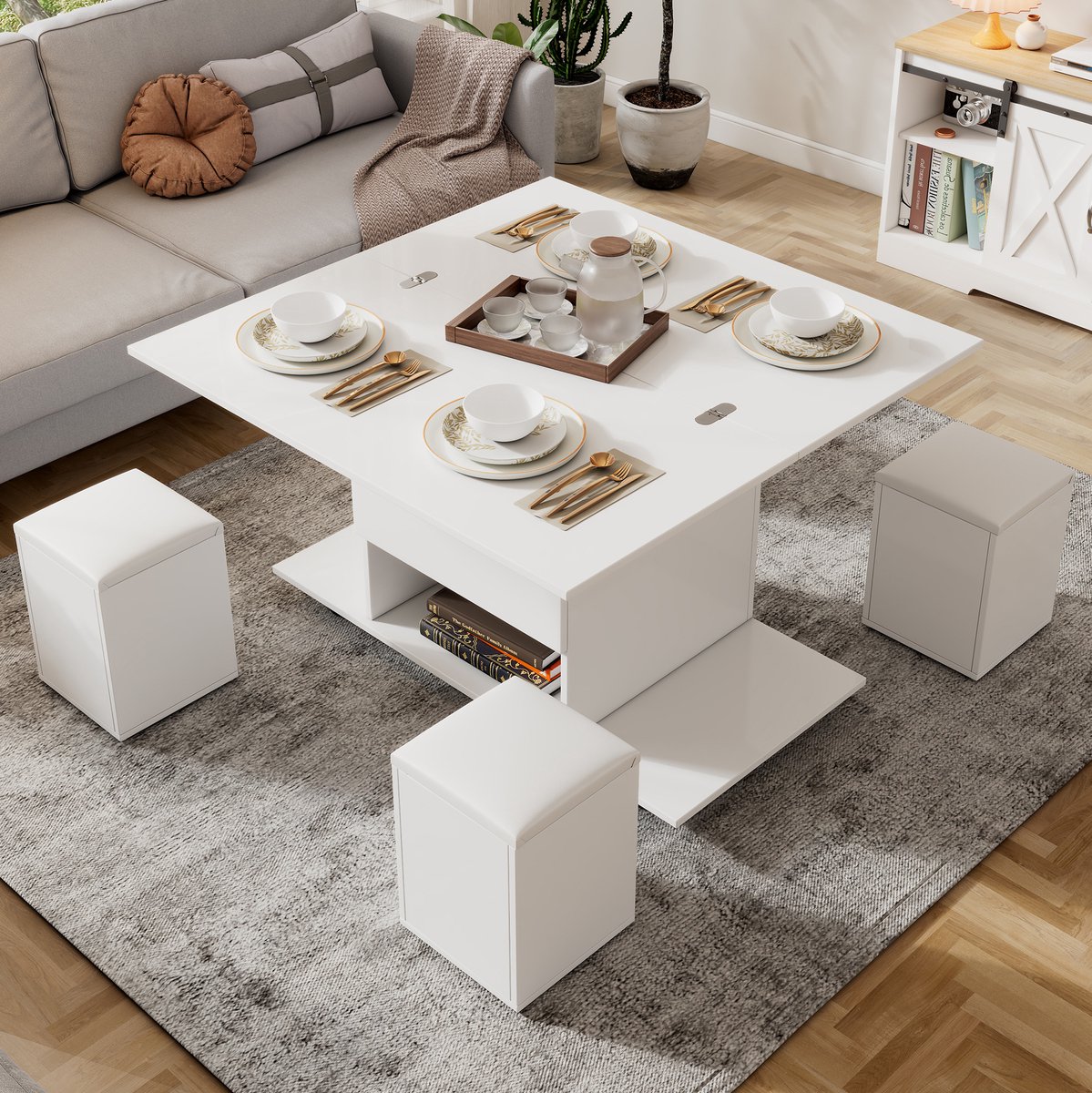 HAUSS SPOLE Salontafel - In Hoogte Verstelbaar En Opklapbaar Met Opbergruimte - Voor Woonkamer En Werken - Spaanplaat - 100x100x63,5 Cm - Wit