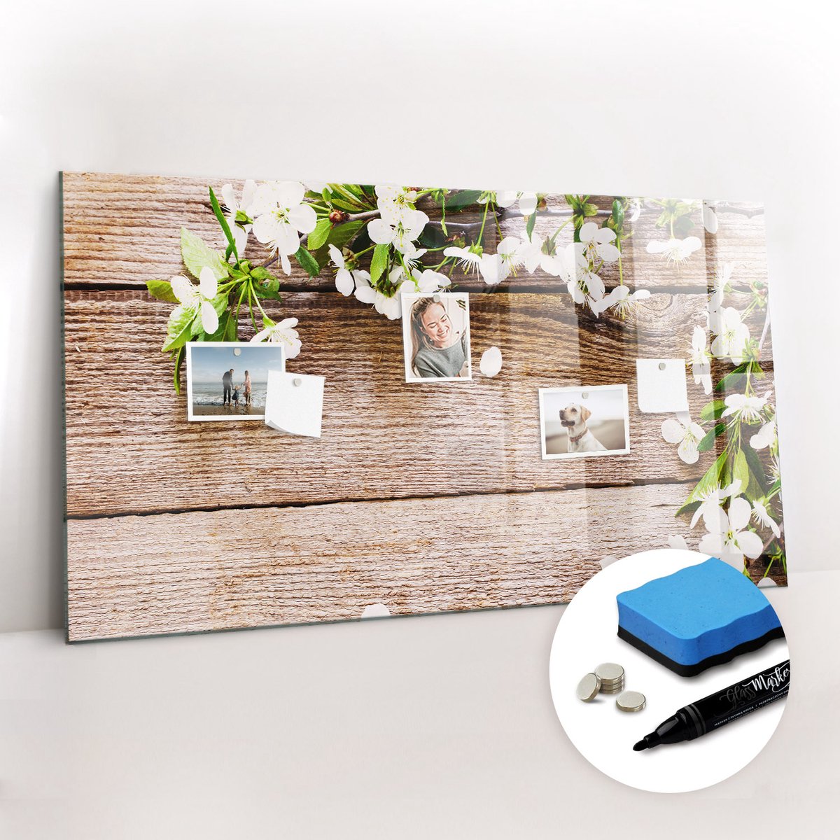 Tulup Whitebord - Bloemen op hout - 120 x 60 cm - Bruin Memobord Magnetisch - Gratis 5 Sterke Magneten + Whiteboard Marker & Wisser - Organizer Muur - Foto Magneetbord - Notitiebord Werkplek