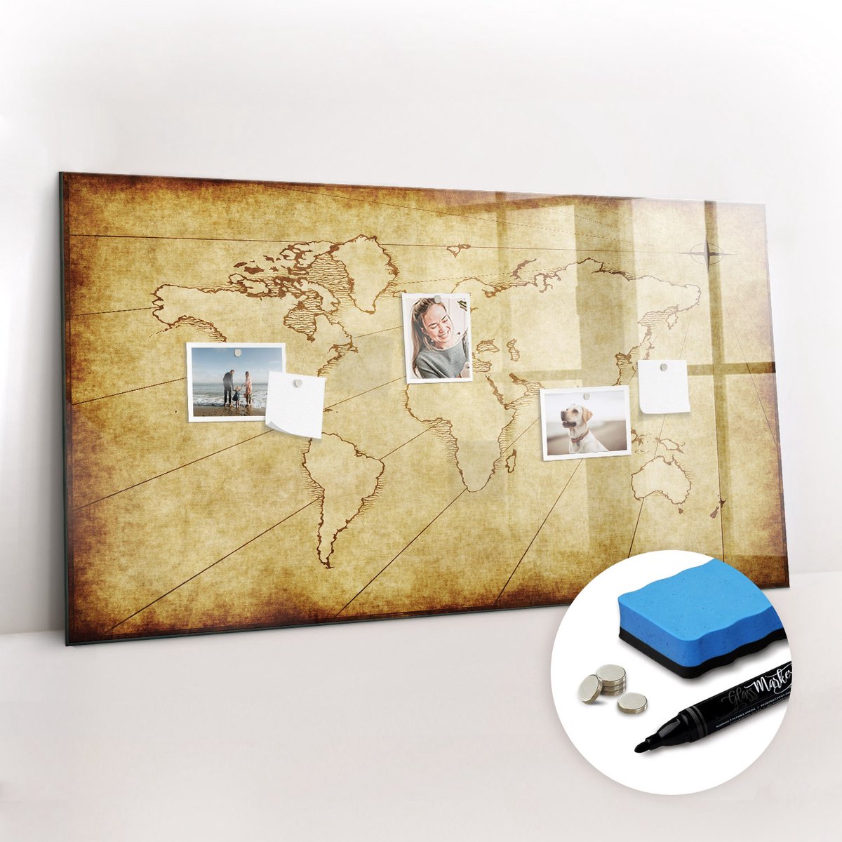 Tulup Whitebord - Oude wereldkaart - 120 x 60 cm - Geel Magnetic Board - Gratis 5 Sterke Magneten + Whiteboard Marker & Wisser - Moderne Wanddecoratie - Magnetisch Bord Kind - Notitiebord Werkplek
