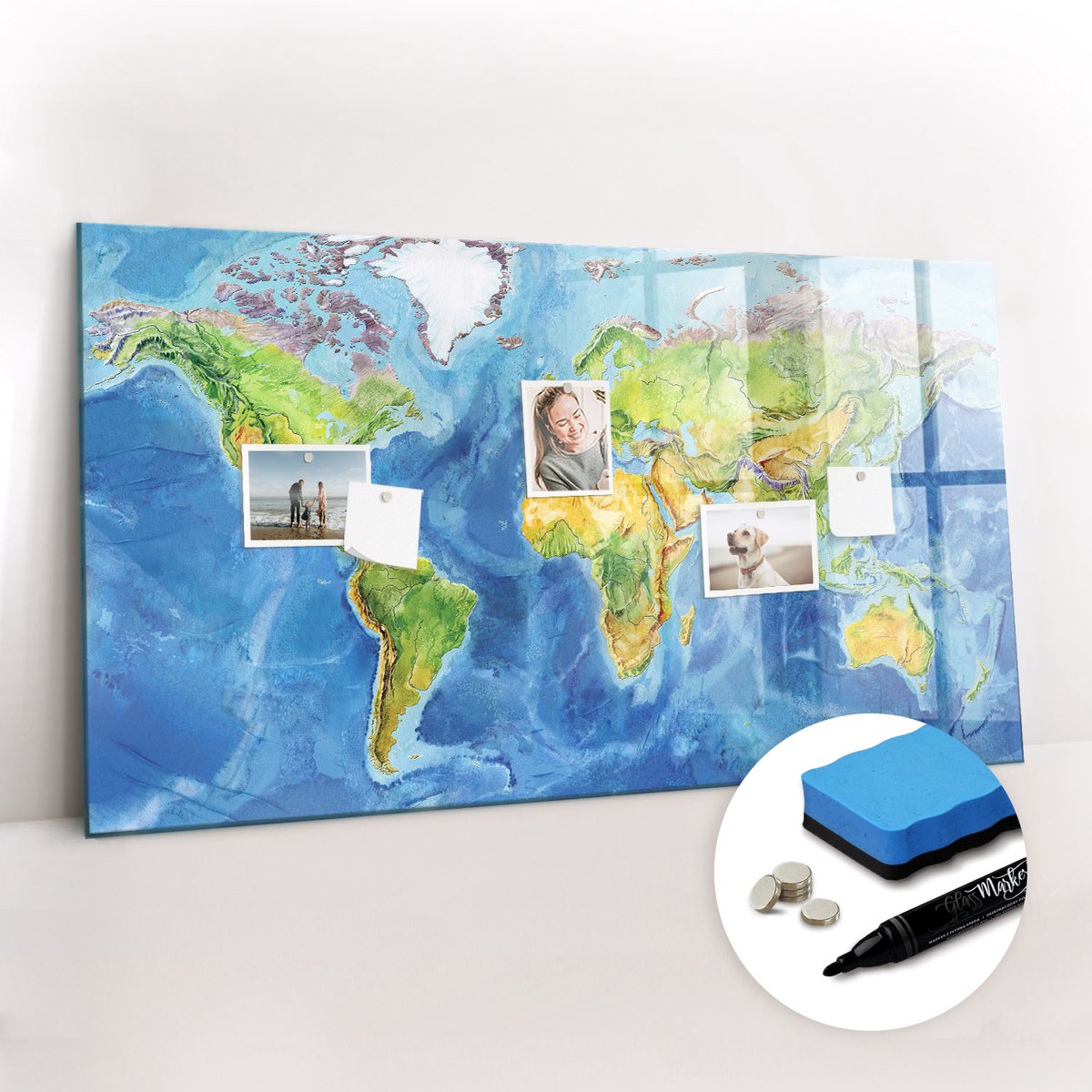 Tulup Whitebord - Minimalistische wereldkaart - 120 x 60 cm - Veelkleurig Magnetisch Bord Kind - Gratis 5 Sterke Magneten + Whiteboard Marker & Wisser - Interieur Accessoires Kantoor - Memobord Keuken - Productiviteit Tools