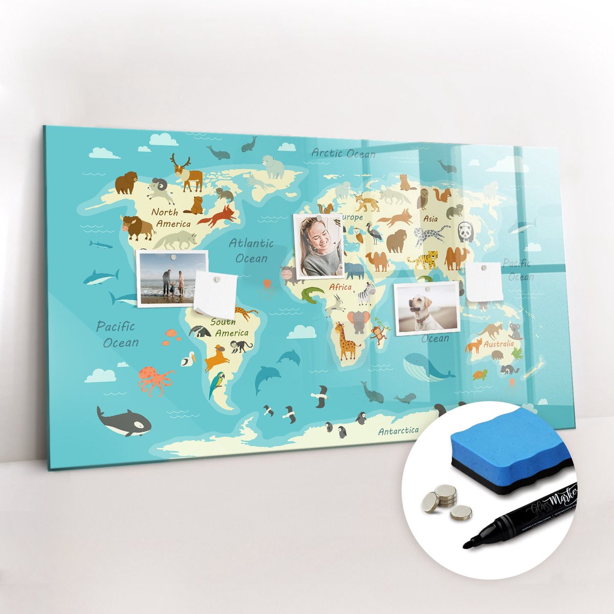 Tulup Whitebord - Educatieve wereldkaart - 120 x 60 cm - Blauw Memo Bord - Gratis 5 Sterke Magneten + Whiteboard Marker & Wisser - Interieur Accessoires Kantoor - Memo Magneetbord - Inspiratiebord Kantoor