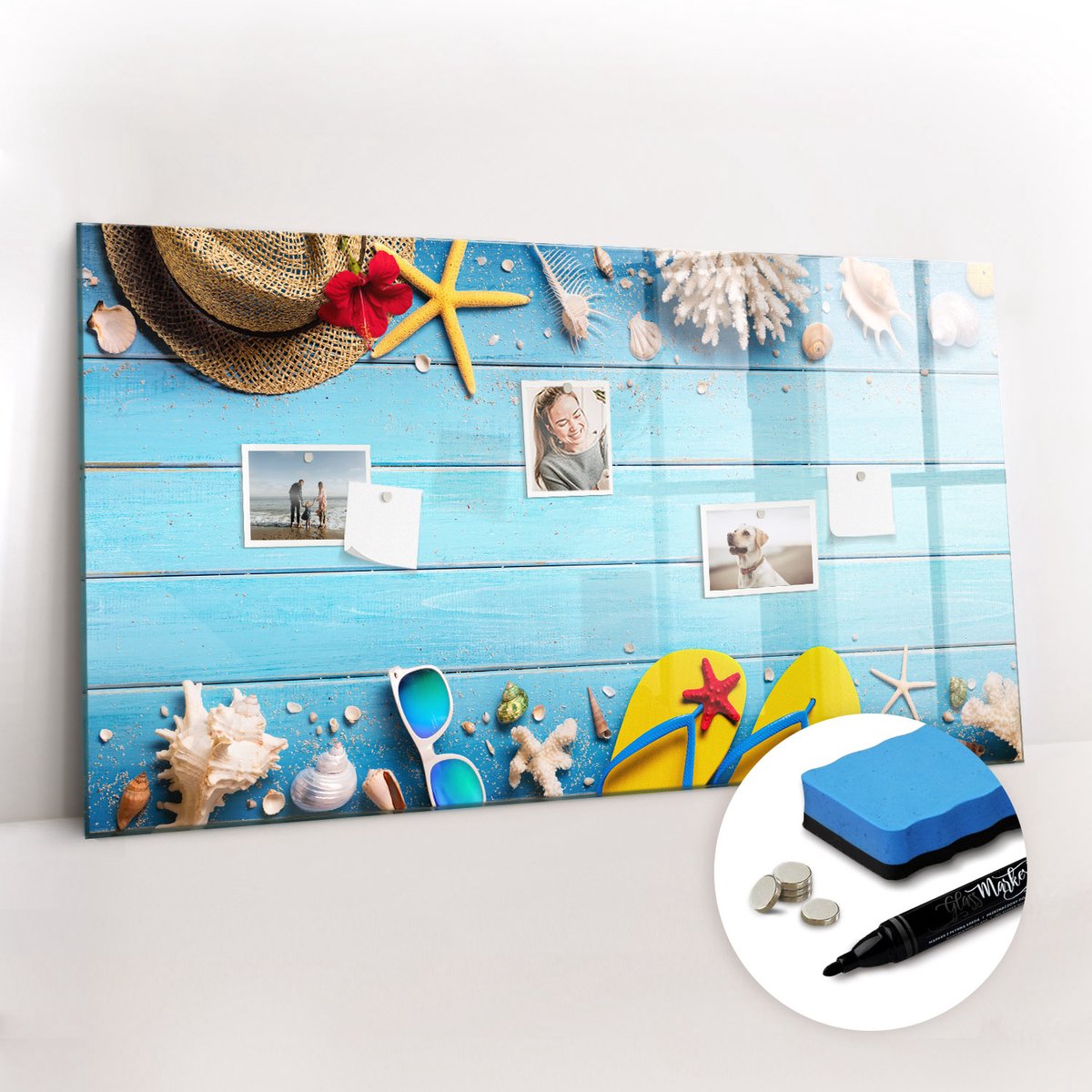 Tulup Whitebord - Zomerse strandaccessoires - 120 x 60 cm - Veelkleurig Decoratieve magneetborden met print - Gratis 5 Sterke Magneten + Whiteboard Marker & Wisser - Moderne Wanddecoratie - Magnetisch Bord Kind - Notitiebord Werkplek