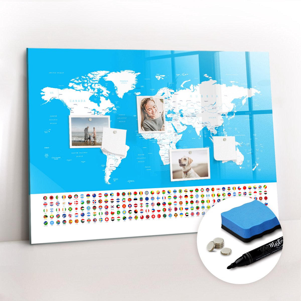 Tulup Whitebord - Overzichtskaart van landen - 100 x 70 cm - Blauw Magnet Board - Gratis 5 Sterke Magneten + Whiteboard Marker & Wisser - Industrieel Wandbord - Magneetbord Design - Productiviteit Tools