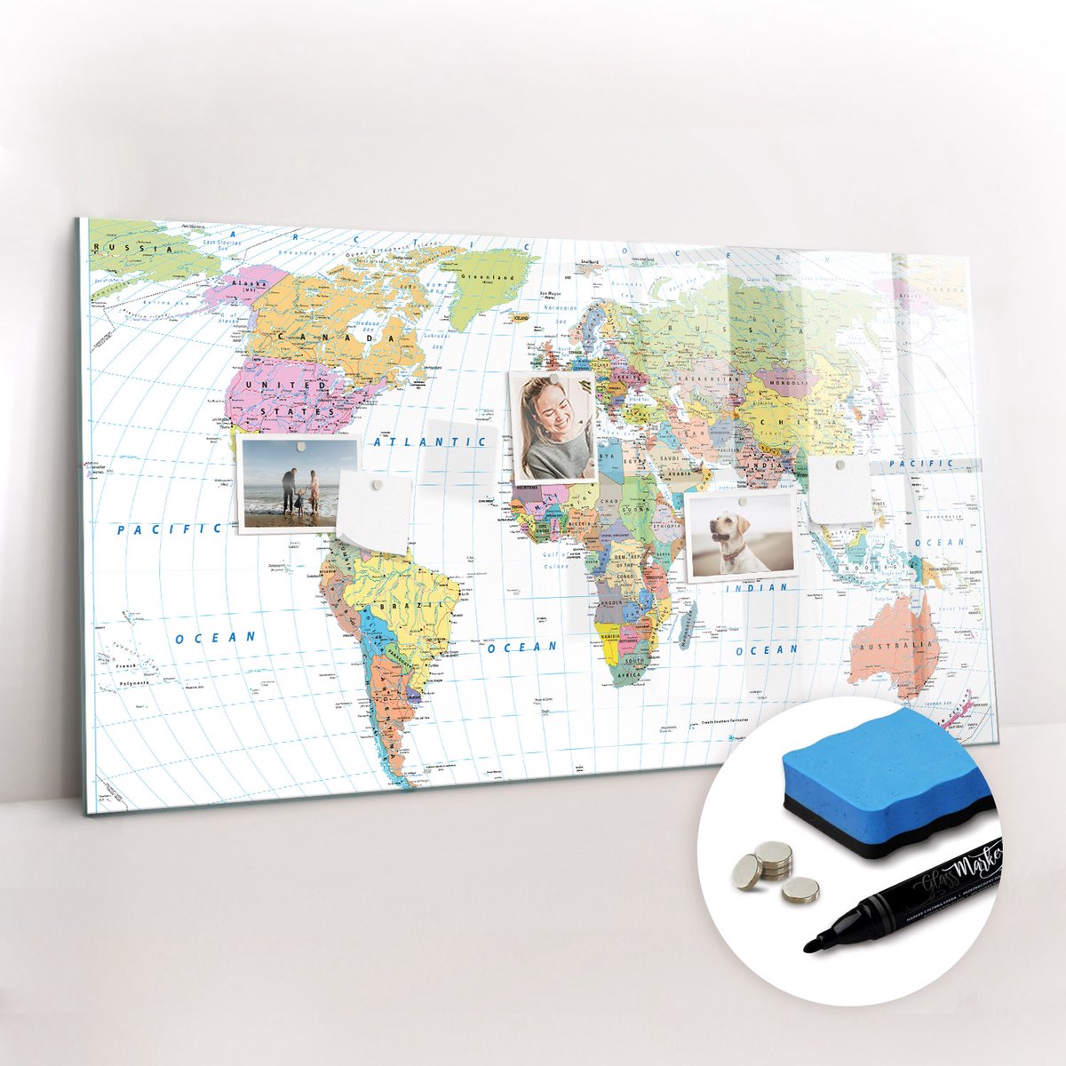 Tulup Whitebord - Politieke wereldkaart in kleur - 120 x 60 cm - Veelkleurig Magneetbord Design - Gratis 5 Sterke Magneten + Whiteboard Marker & Wisser - Organizer Muur - Magnet Board - Organiseer Je Bureau
