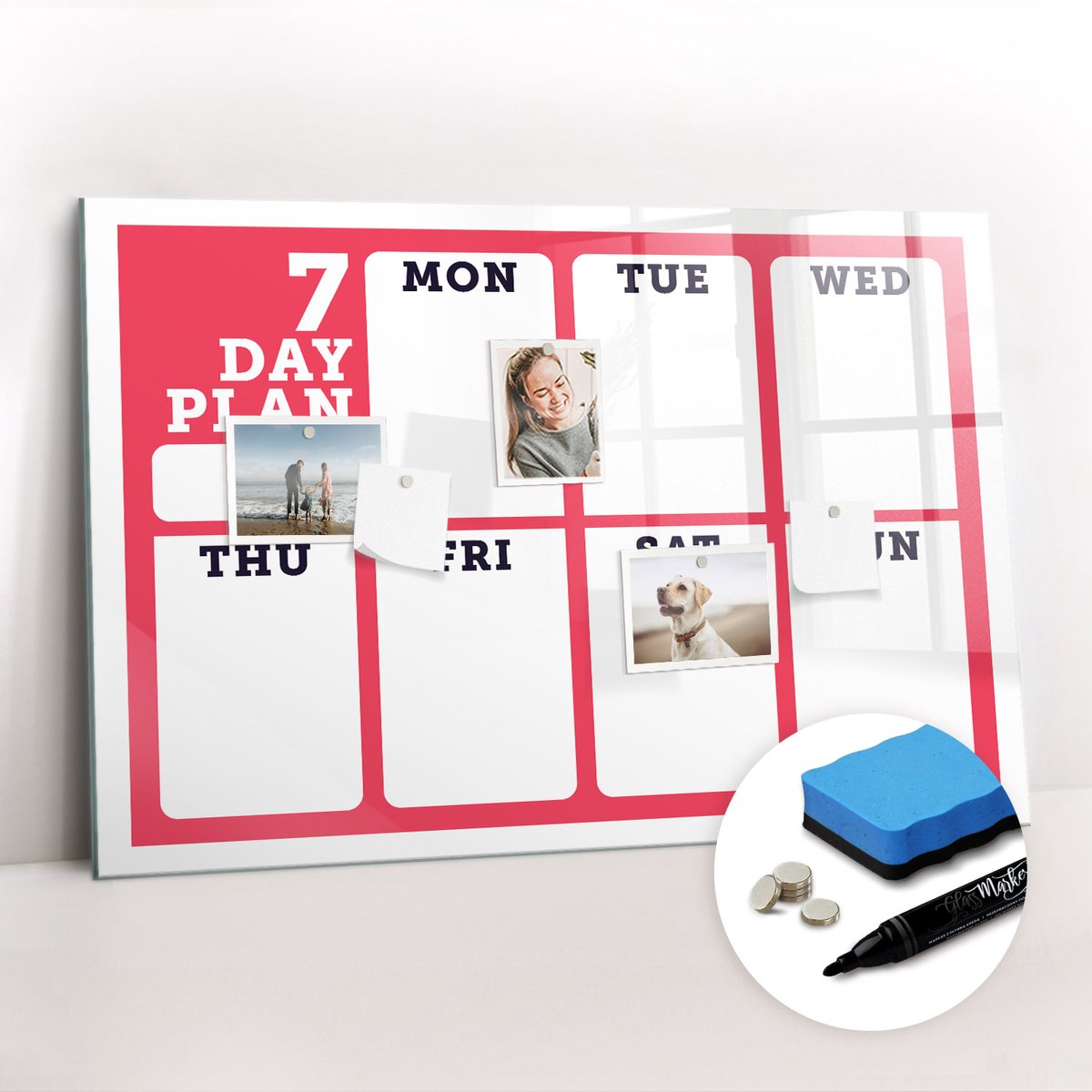 Tulup Whitebord - Klassieke weekplanner - 90 x 60 cm - Rood Magnetisch Wandbord - Gratis 5 Sterke Magneten + Whiteboard Marker & Wisser - Wanddecoratie Kantoor - Memobord Glas - Inspiratiebord Kantoor