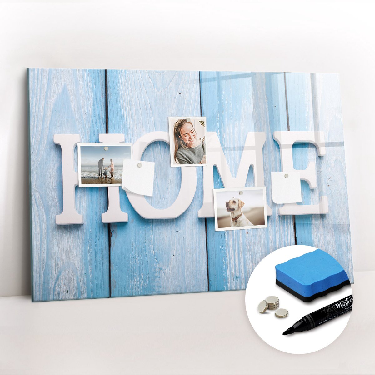 Tulup Whitebord - Huisnaambord voor het gezin - 90 x 60 cm - Blauw Magneetbord Foto - Gratis 5 Sterke Magneten + Whiteboard Marker & Wisser - Decoratief Magnetisch Bord - Memobord Glas - Productiviteit Tools
