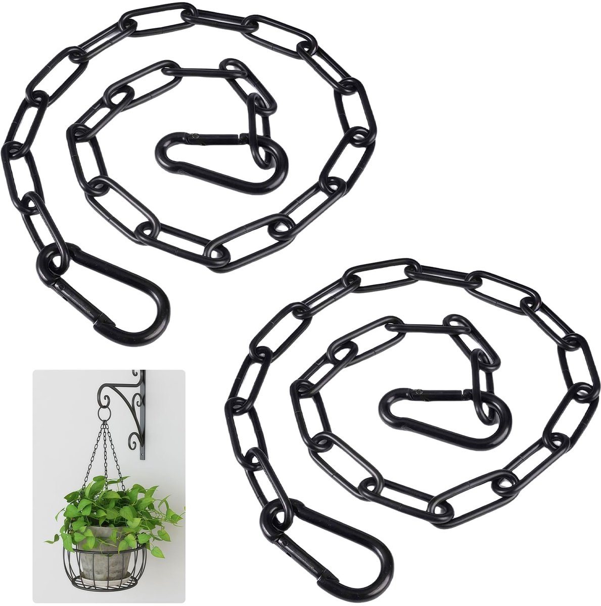 2 stuks roestvrijstalen kettingen met karabijnhaak, 60 cm ronde stalen ketting met karabijnhaak, Ø 3 mm ketting roestvrij stalen schakelketting voor bloempotten, hekpoorten, schommels, kooipoorten