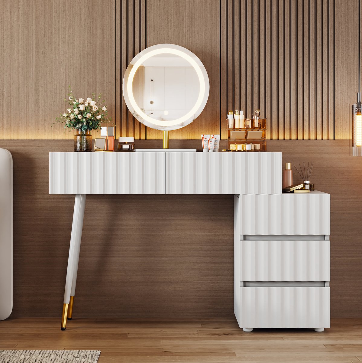 HAUSS SPOLE Kaptafel - Met Ledspiegel En Driekleurige Verlichting - 5 Lades Voor Slaapkamer - Wit Hout En Metaal - 100x40x127 Cm