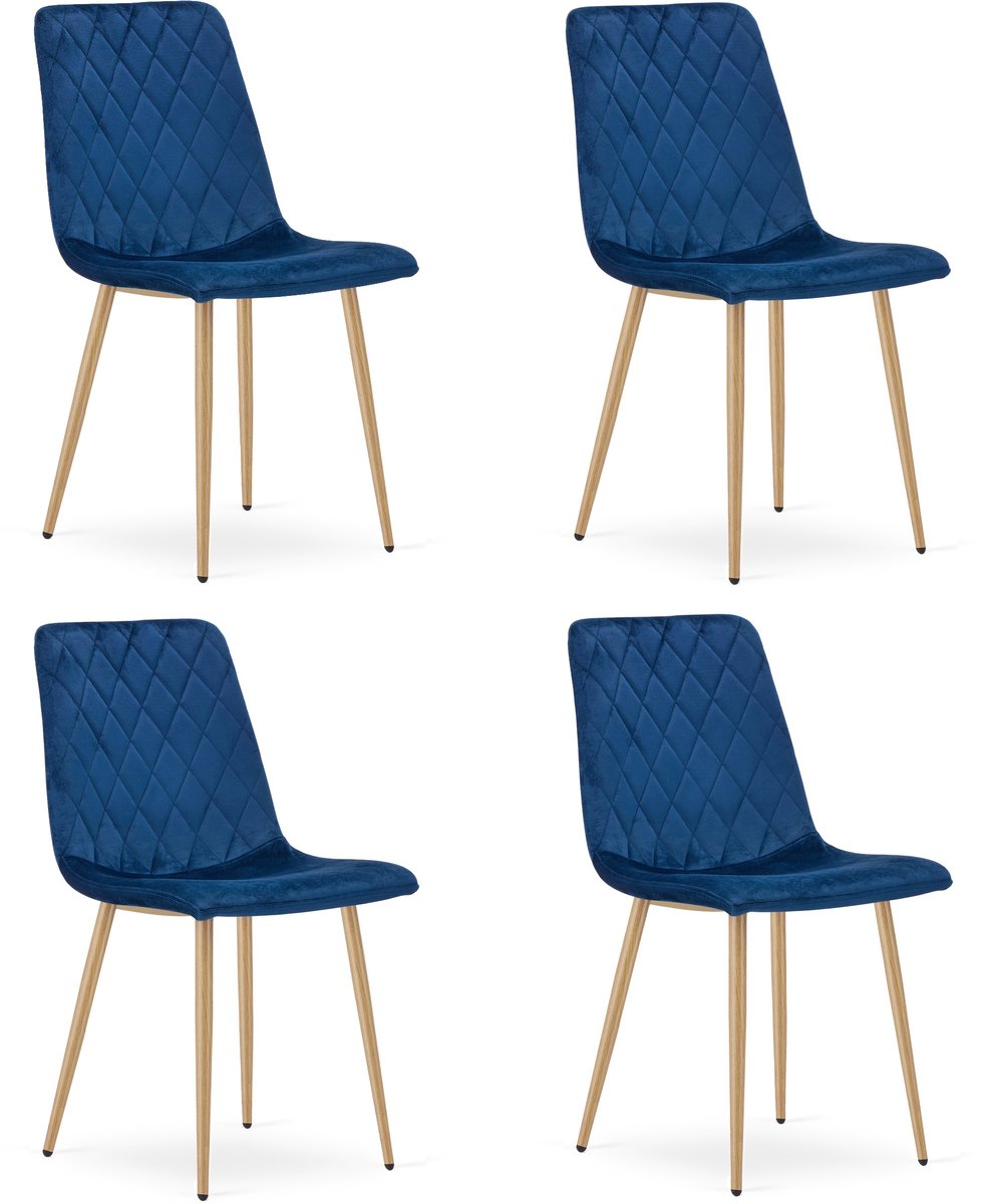 LEOBERT Set van 4 eetkamerstoelen TURIN - Donkerblauw fluweel - Eikenlook poten - Modern design