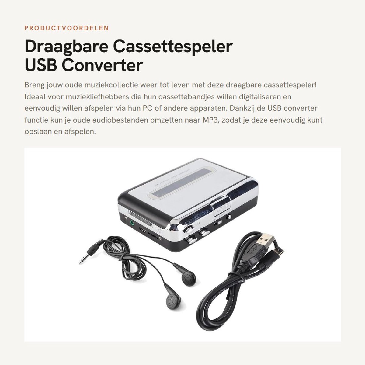 Dailygoods - Dailygoody - Draagbare Cassettespeler - USB Converter - Digitale Audio-opname naar PC - Compact formaat - MP3 Muziekspeler - Geschikt voor muziekliefh
