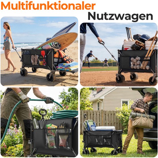 200L+100L Opvouwbare Bolderwagen & Achterklep, 140cm Opvouwbare Bolderwagen met Extra Breedte, 17x10 cm All-Terrain-wielen, Handwagen, Ideaal voor Tuin, Boodschappen, Strand en Buitengebruik (zwart) — afbeelding 4