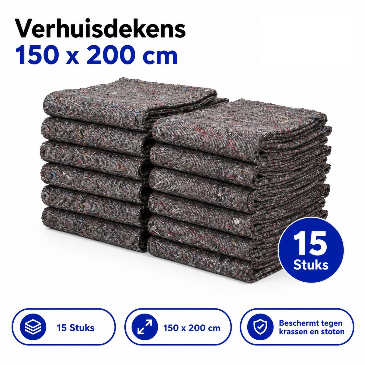 Propacker Verhuisdekens - Set van 15 - 150 x 200 cm - Meubeldekens / Opslagdekens - Beschermdekens voor Verhuizen, Transport & Opslag - Grijs