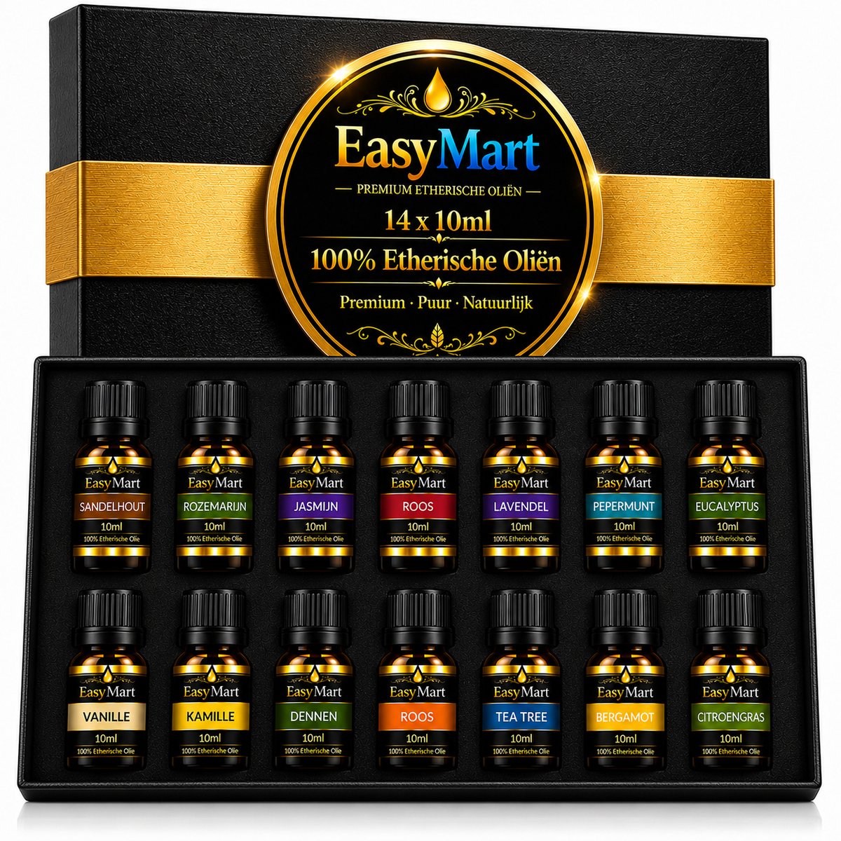 EasyMart Etherische Olie Set 14 x 10 ml – 100% Pure Etherische Oliën – Geurolie voor Aroma Diffuser, Luchtbevochtiger, Aromatherapie, Sauna, Massage, Wellness & Cadeau
