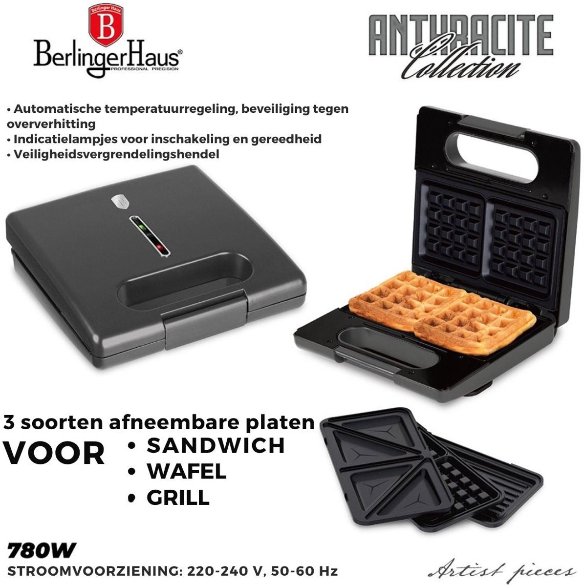 BerlingerHaus Tosti-ijzer 3-in-1 Mat Antraciet - Uitneembare Platen - Wafel & Grill - 780W