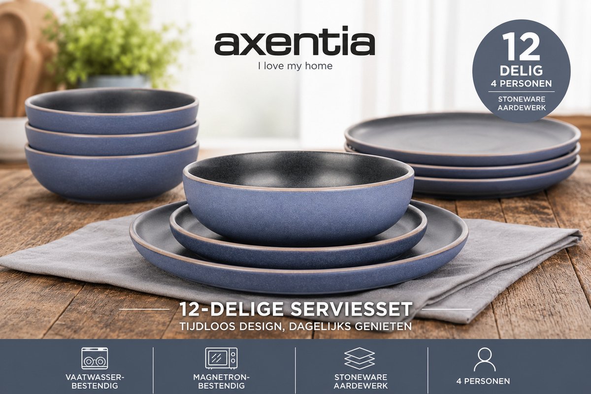 Axentia Serviesset 12-delig – 4 Personen – Borden en Kommen – Vaatwasser- & Magnetronbestendig