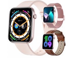 Synyq Health Pro - Smartwatch Dames - 1.85”AMOLED - 3 Bandjes - Stappenteller - Hartslagmeter - Bloeddrukmeter - Slaapmonitor - Belfunctie - Multisport - Geschikt voor Android en iOS - Rose Gold