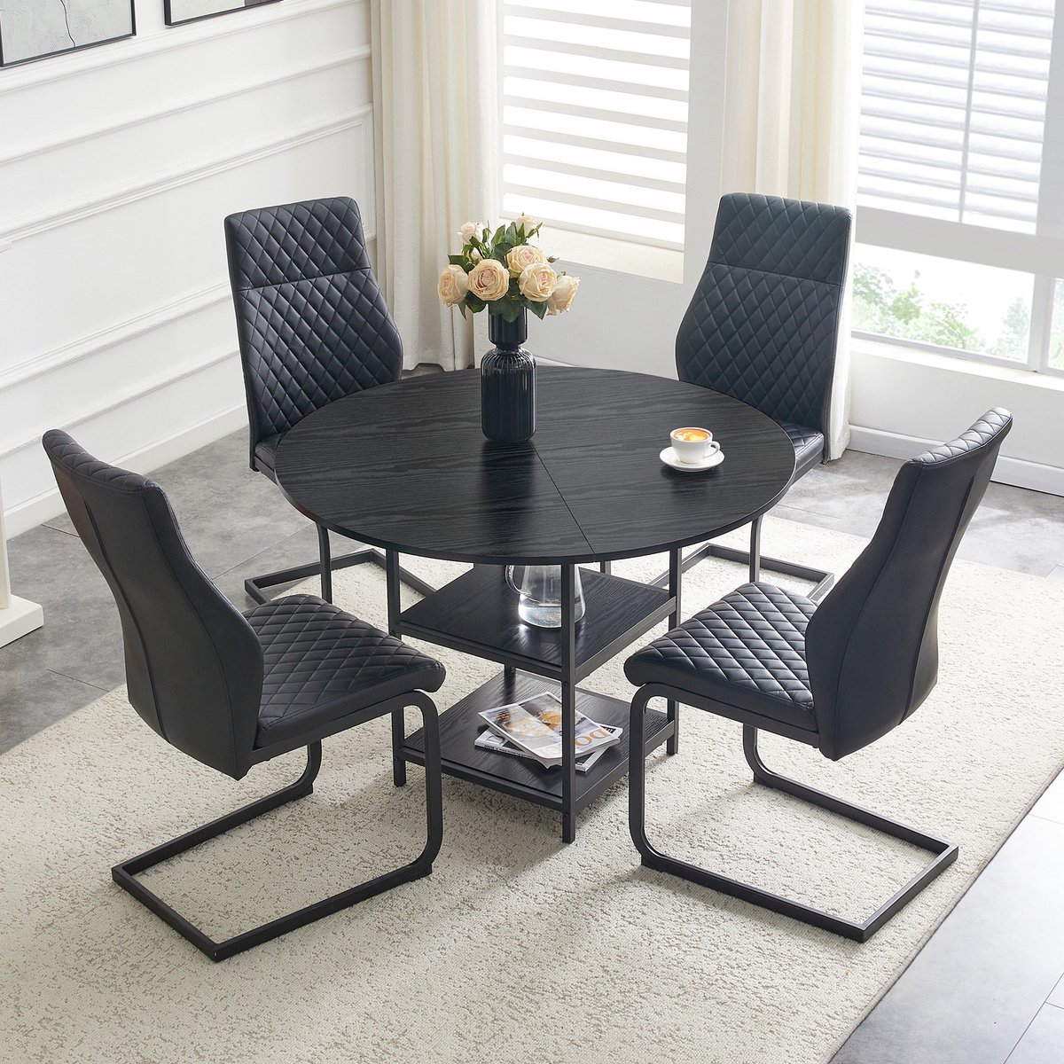MIVRAY Eetkamerset 107 cm - Ronde Tafel Met Dubbele Opbergruimte En 4 Stoelen - Voor Eethoek - MDF Metaal Zwart