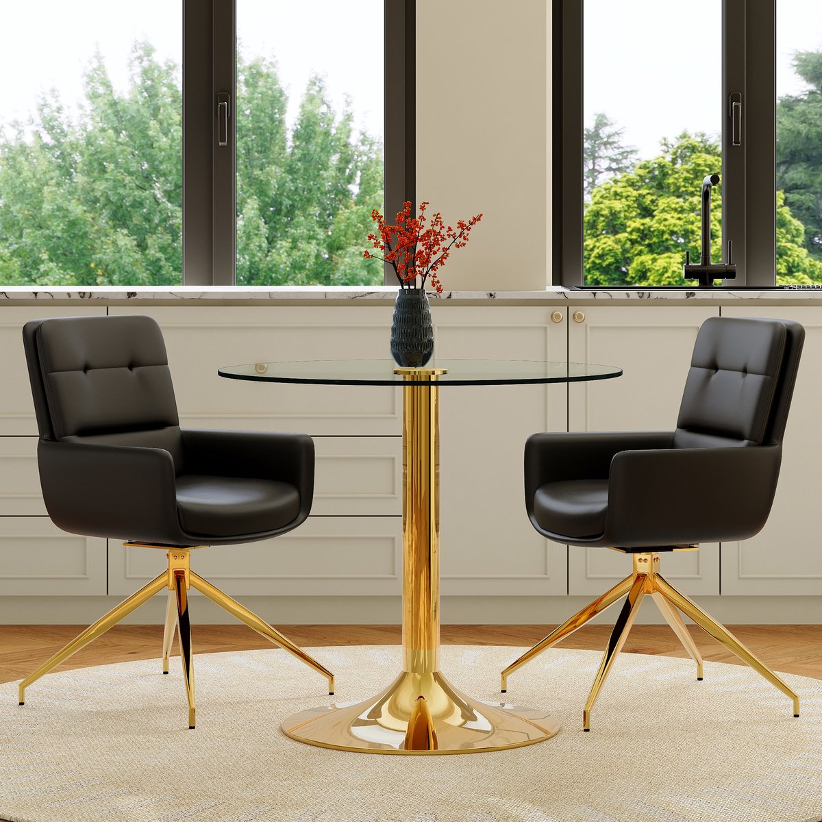 MIVRAY Eethoek 85 Cm - Ronde Glazen Tafel Met 2 Draaibare Eetkamerstoelen - Voor Eetkamer Of Cafe - Metaal Zwart Goud Zwart, Goud, Transparant
