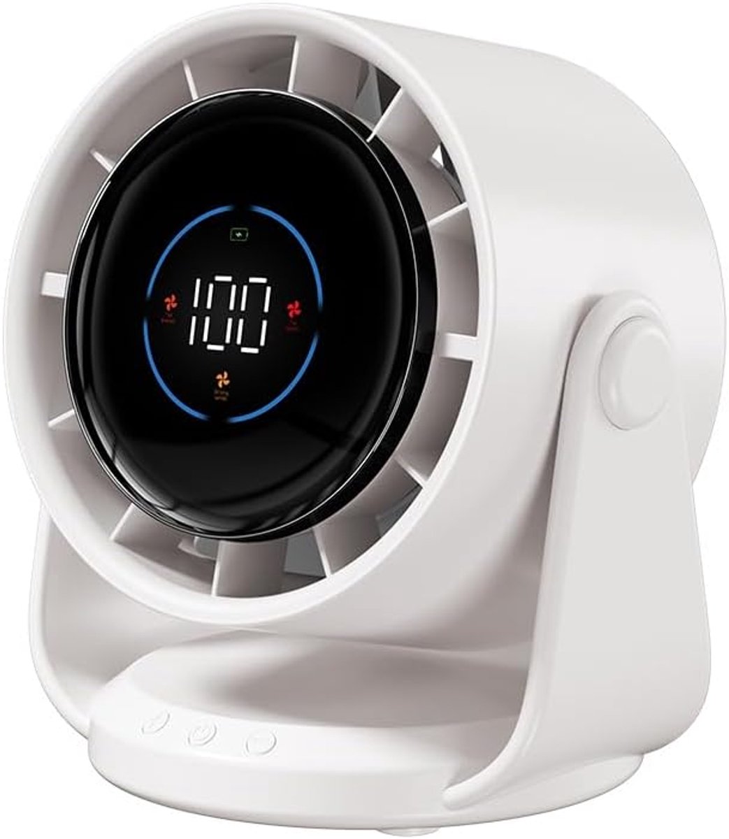 Bureauventilator, 5000mAh batterij, LED-display, 1-199 snelheden en 105° draaibare kop, krachtige luchtstroom, wandventilator voor kantoor, thuis, slaapkamer en keuken