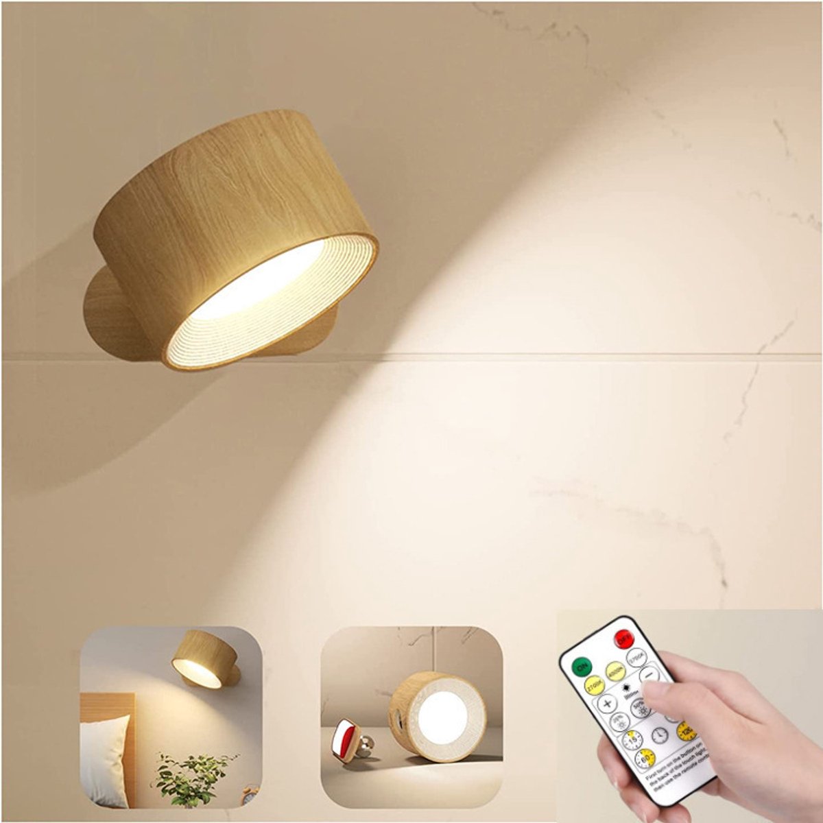 Oplaadbare wandlamp, werkt op batterijen, draadloos ontwerp - met afstandsbediening - dimbaar - werkt op batterijen - nachtlampje - USB-opladen - houtkleur