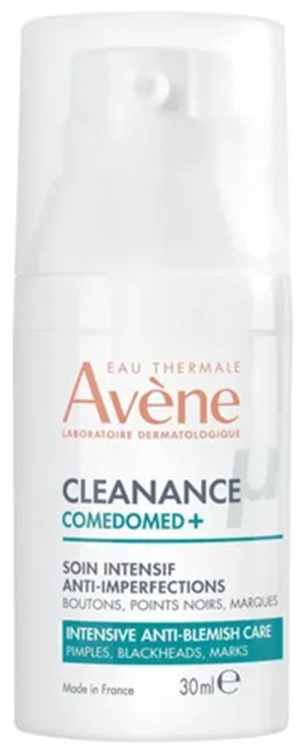 Witte pompflacon met Avène Cleanance Comedomed+ label en 30ml indicatie.