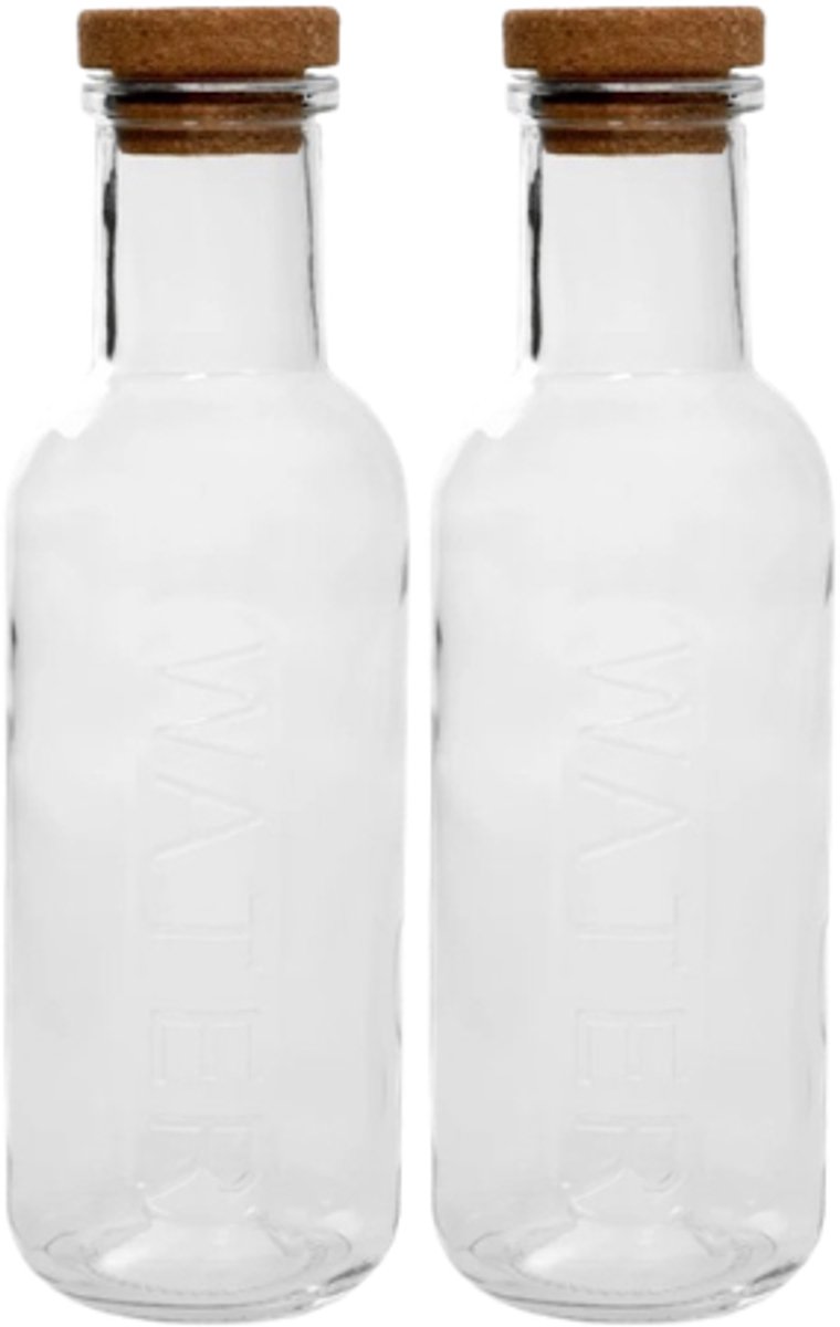 HOMLA - 2-Delige - Maeve Karaf - Glazen Waterkaraf met Kurken Stopper - Luxe Schenkkan voor Water, Sap & Dranken - Transparante Glazen Fles - Moderne Tafeldecoratie - 27.6 x 8 cm - 1L - Transparant