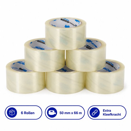 Zes rollen transparante plakband, elk 50 mm x 66 m, met extra kleefkracht.