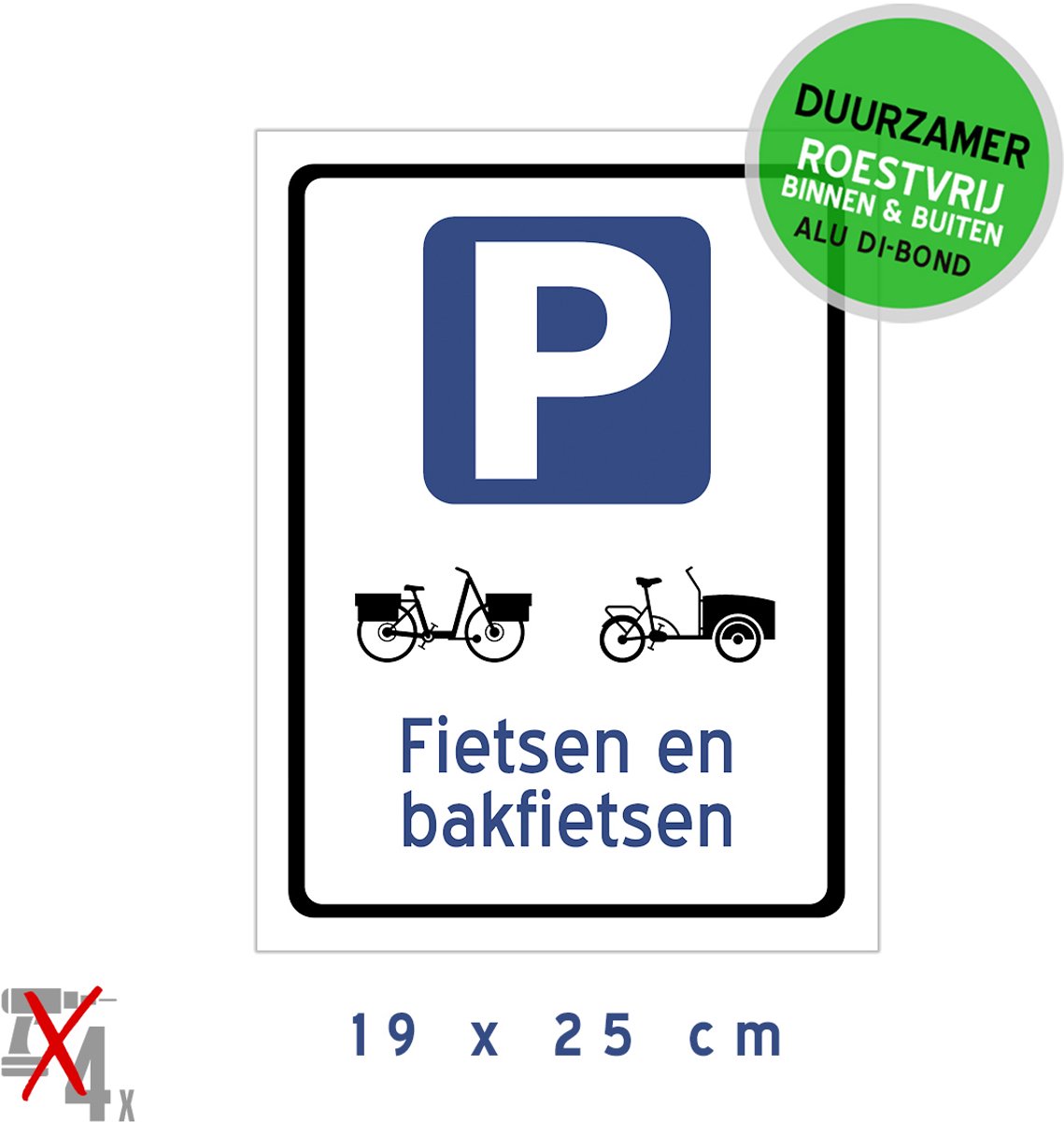 Pictogram/ bord Dibond | Parkeerplaats - "Fietsen en bakfietsen" | 19 x 25 cm | Fietsen | Parking | Fietsenstalling | Vrachtfiets | Stalling | Fiets | Velo | Duurzaam | Roestvrij | 1 stuk