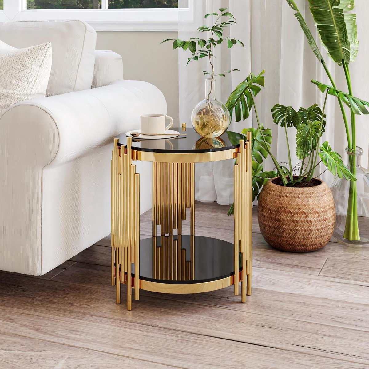 HAUSS SPOLE Bijzettafel - Ronde Glazen Tafel Met 2 Niveaus - Voor Woonkamer Slaapkamer En Kleine Ruimtes - Rvs En Gehard Glas - 45x45x55 Cm - Zwart Goud