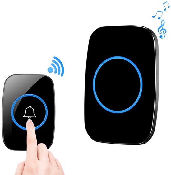 Zwarte deurbel met blauwe bel-icoon, een vinger drukt op de bel, met blauwe muzieknootjes en wifi-icoon.