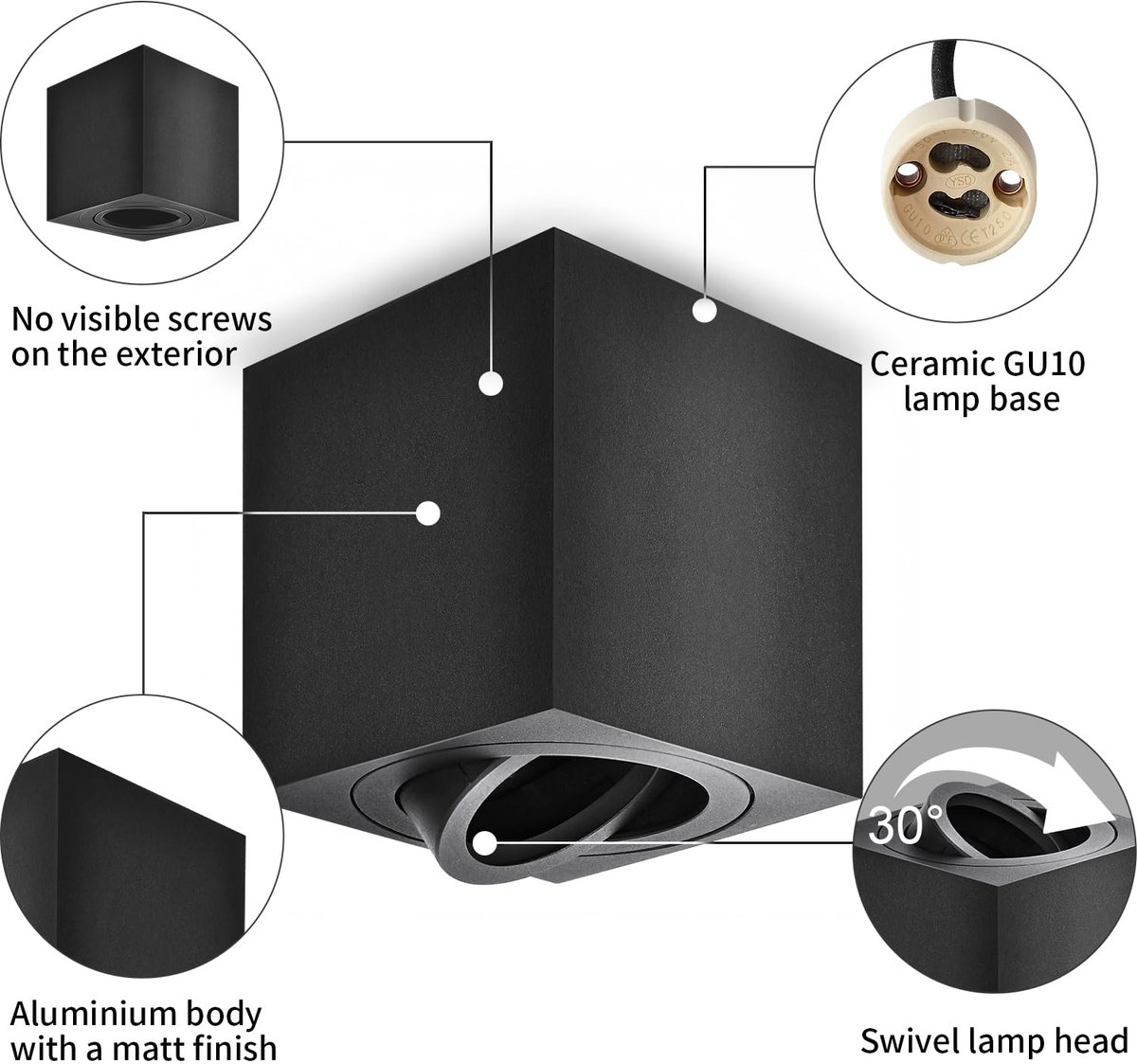 GU10 Opbouwspots Zwart, 80x84mm Vierkante Plafondspots Opbouw, 30° Zwenkbaar, Plafondlamp 230V met GU10 Fitting, Aluminium Opbouw Spots, Zonder Lichtbron, 4 Stuk