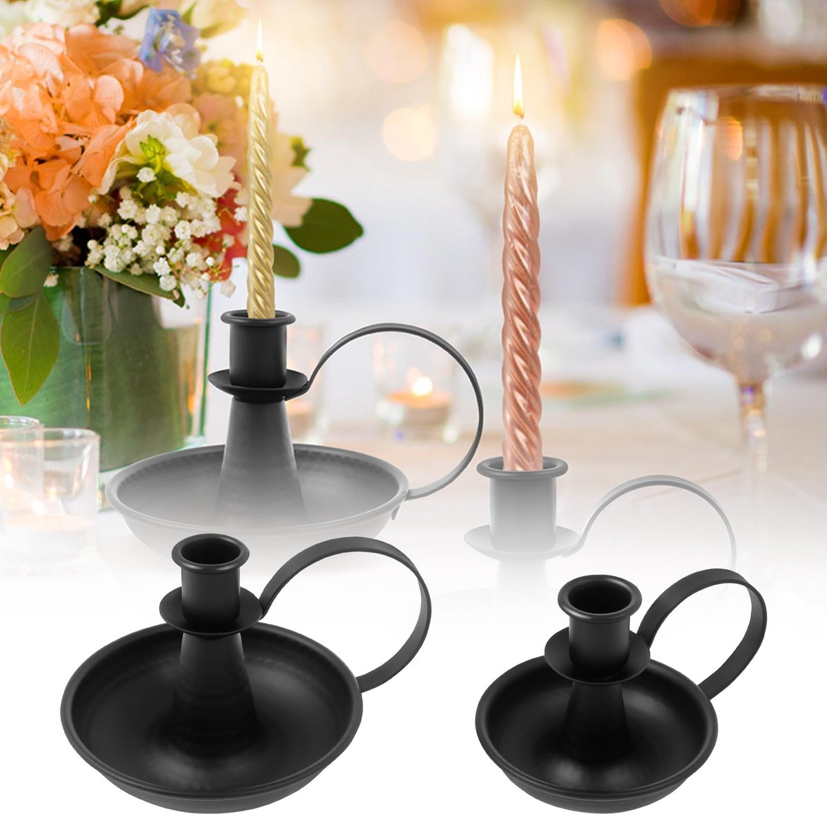 2 stuks kandelaars ijzeren taper kandelaar met gebogen handvat zwarte retro kandelaar decoratieve kaarslichtstand roestprofessionals kandelaar voor thuis bruiloft feest (zwart)
