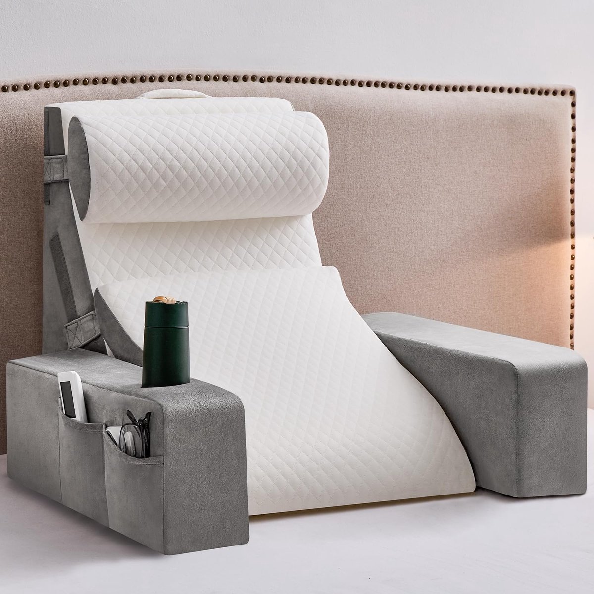 Leeskussen voor bed en bank, boekenkussen met afneembare nekrol en armleuning, rugkussen, bed, wandkussen, multifunctioneel wigkussen om te lezen, werken